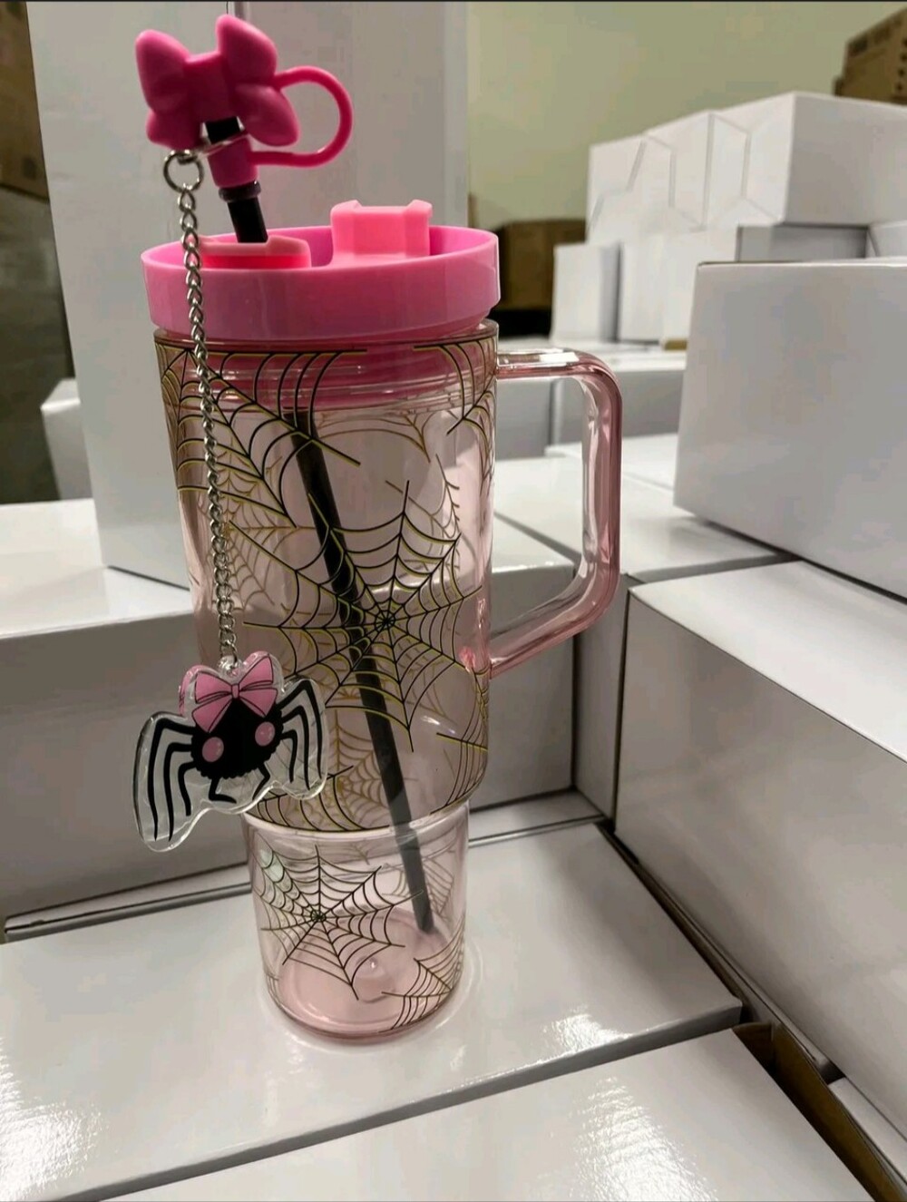 Hot Topic Pink Spiderweb Double-Walled Tumbler with Charm